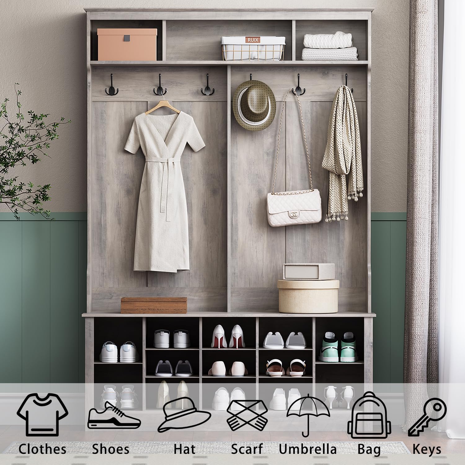 Wodeer Hall Tree with Bench and Shoe Storage, 53" Farmhouse 4-in-1 Mudroom Storage Organizer with Coat Rack, 6 Hooks, 12 Shoe Cubbies, Adjustable Shelf, for Entryway, Hallway, Living Room, Grey