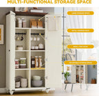 DWVO 4-Tier Storage Cabinet with 2 Shutter Doors, Farmhouse Kitchen Pantry Cabinet with Adjustable Shelves, Wooden Cabinet for Kitchen, Dining Room, Living Room, Office, Rustic White