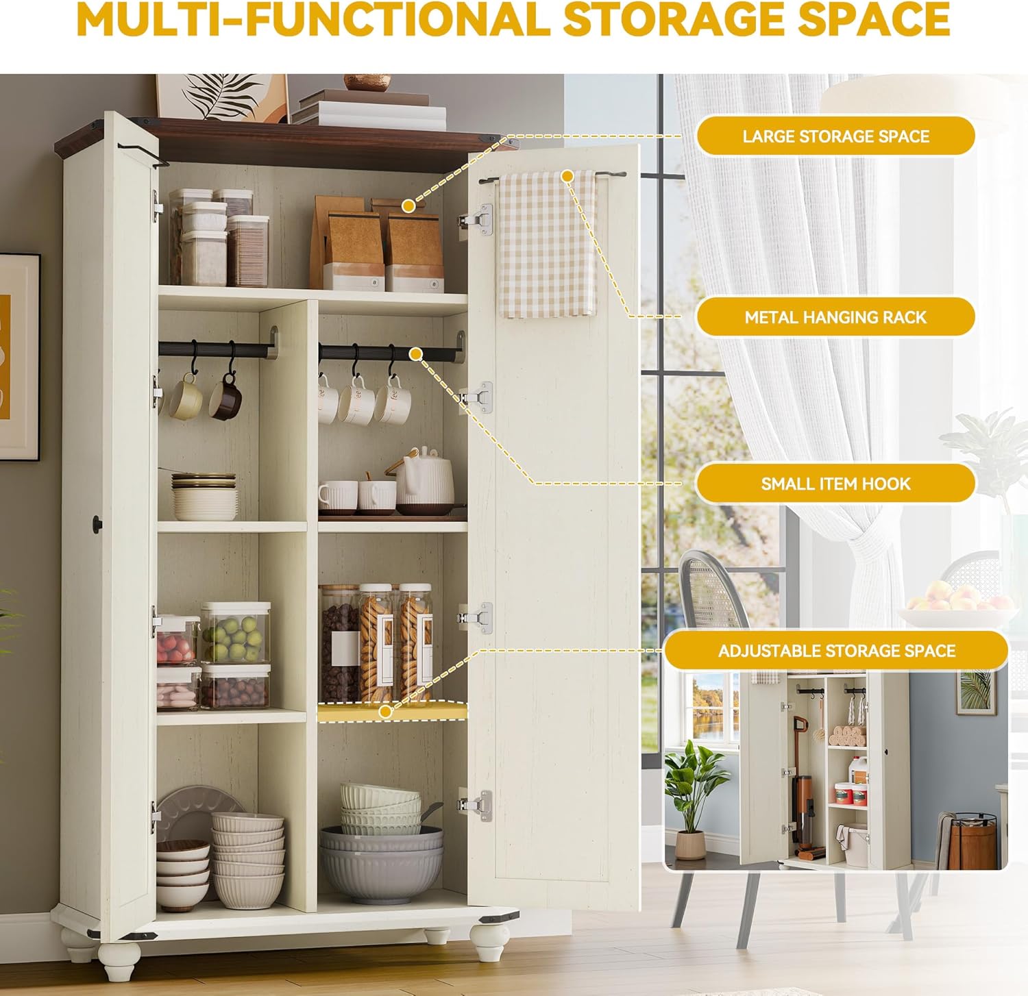 DWVO 4-Tier Storage Cabinet with 2 Shutter Doors, Farmhouse Kitchen Pantry Cabinet with Adjustable Shelves, Wooden Cabinet for Kitchen, Dining Room, Living Room, Office, Rustic White