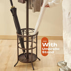 GHWIE Coat Rack Freestanding, Coat Tree with Umbrella Holder, Metal Coat Rack Stand with 12 Hooks, Standing Coat Hanger Stand, Umbrella Stand for Entryway, Hat Rack Stand for Home Office, Brown