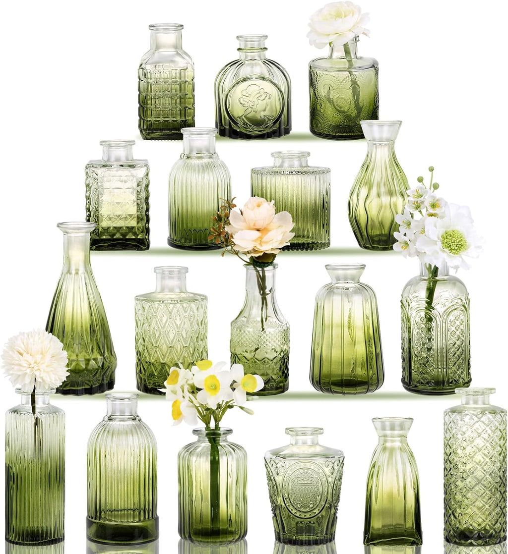 18pcs Green Glass Bud Vase Set, Small Flower Vases for Centerpieces in Bulk, Mini Vintage Vase for Home, Wedding, Table Decor