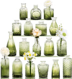 18pcs Green Glass Bud Vase Set, Small Flower Vases for Centerpieces in Bulk, Mini Vintage Vase for Home, Wedding, Table Decor