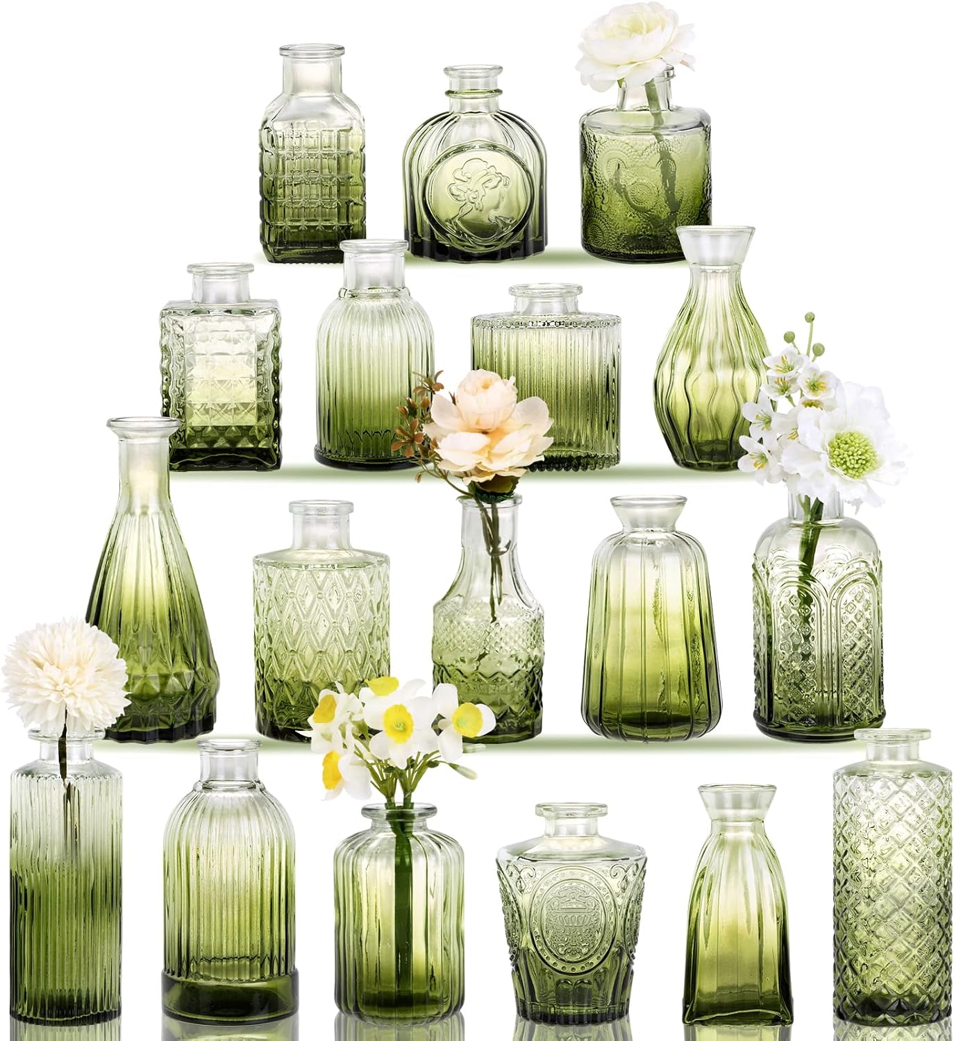 18pcs Green Glass Bud Vase Set, Small Flower Vases for Centerpieces in Bulk, Mini Vintage Vase for Home, Wedding, Table Decor