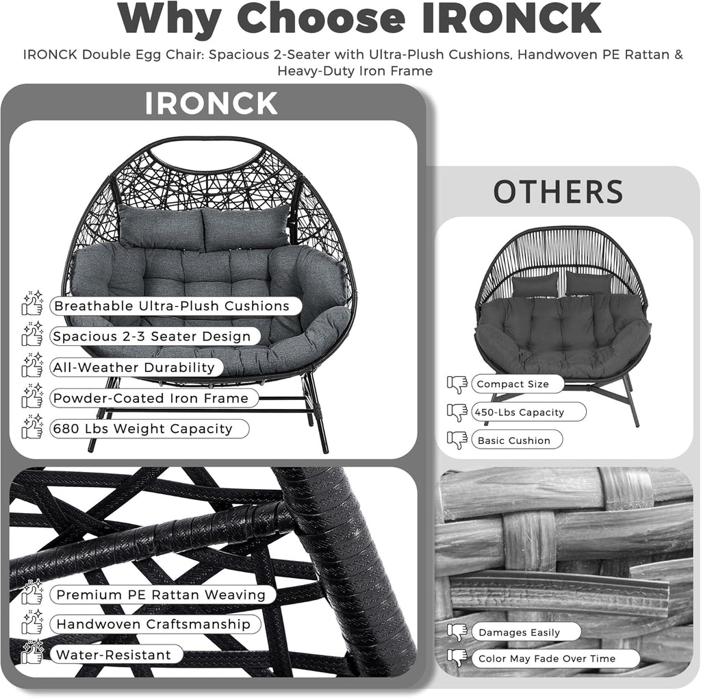 IRONCK Egg Chair Outdoor, Double Egg Lounge Chair with Thickened Padded Cushions and Headrests, 700 Lbs 2 Person Egg Loveseat for Garden, Indoor, Porch, Balcony, Patio, Dark Gray