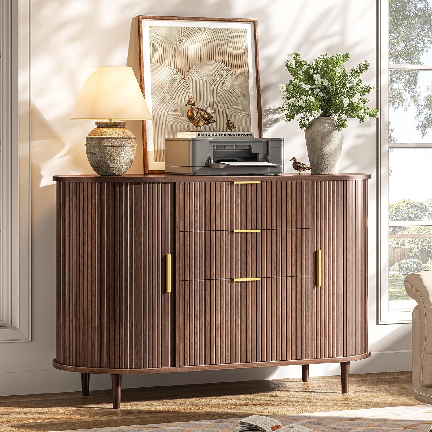 Halitaa 3-Drawer File Cabinet with 2 Sliding Doors, 39.37" Lateral Wood Filing Cabinet for Home Office and School, Printer Stand with Storage for Letter/A4 Hanging Files, Walnut