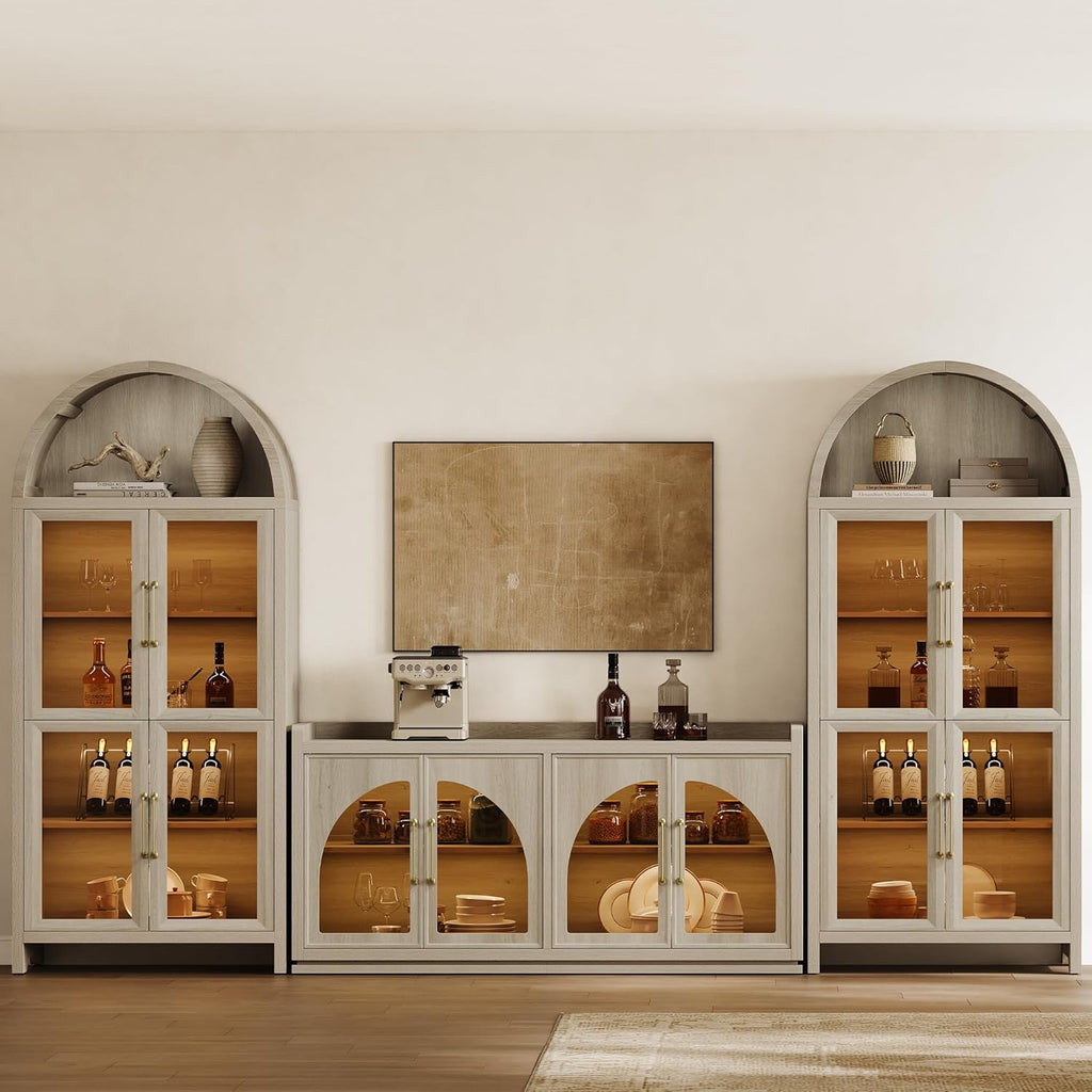 SICOTAS Sideboard Buffet Cabinet with Storage and LED Lights-Farmhouse Large Credenza Storage Cabinet with Arch Glass Doors, Adjustable Shelves, 61.7" Media Console Coffee Bar Cabinet, Grey White Oak