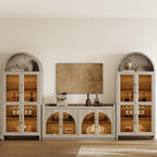 SICOTAS Sideboard Buffet Cabinet with Storage and LED Lights-Farmhouse Large Credenza Storage Cabinet with Arch Glass Doors, Adjustable Shelves, 61.7" Media Console Coffee Bar Cabinet, Grey White Oak