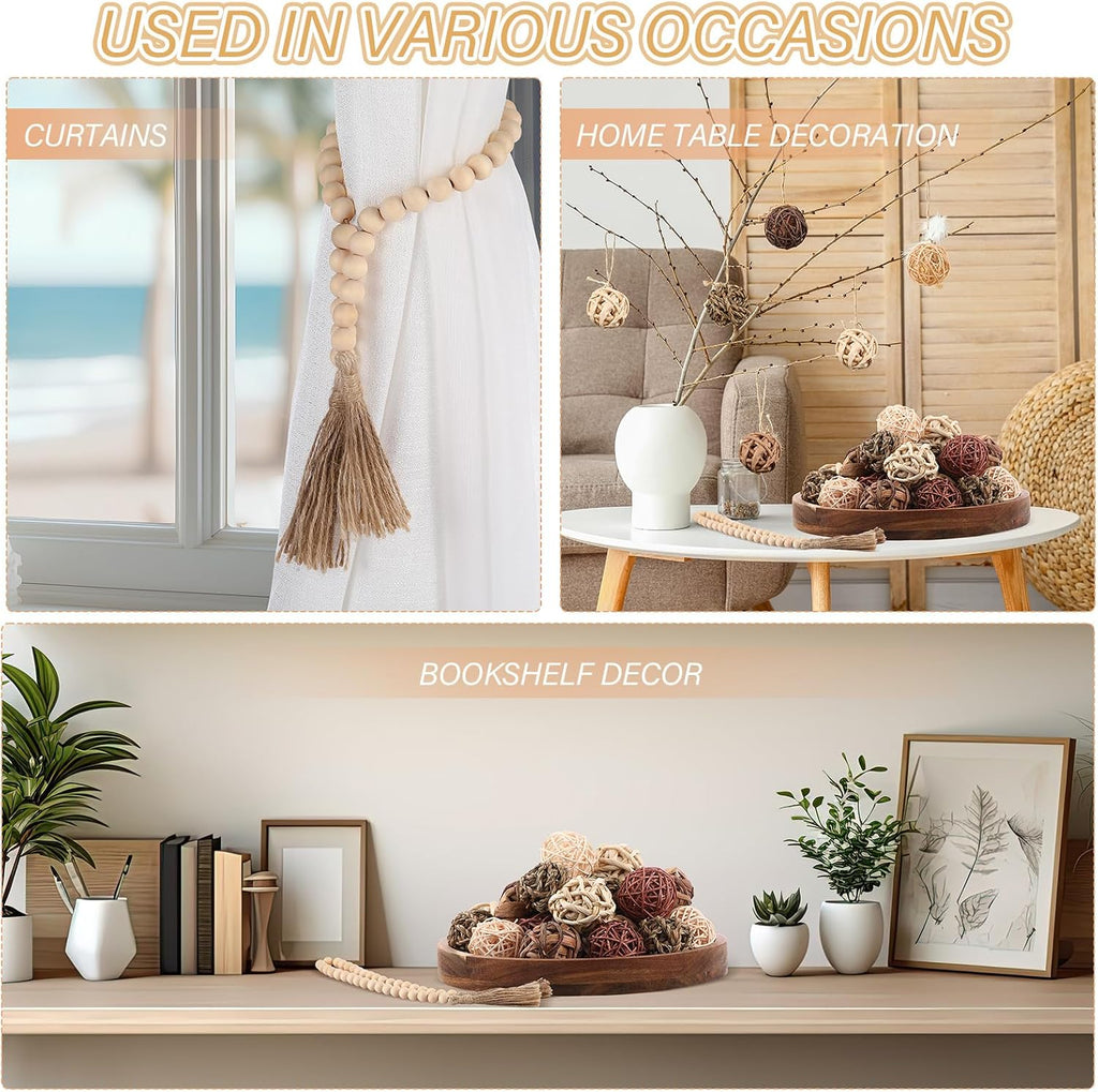 Halloscume 31 Pcs Wicker Rattan Decorative Balls with 30.3 Inch Wood Bead Garland Centerpiece Bowls Orbs Vase Fillers Wall Hanging Decor for Summer Home Farmhouse Wedding Party(Brown)