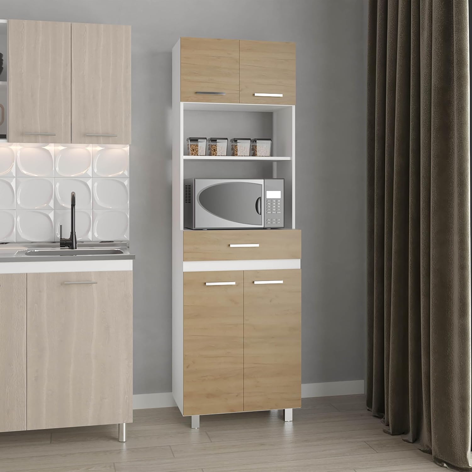 24" Beggs Kitchen Pantry, 4 Doors, 1 Drawer, 4 Legs, 4 Shelves, Natural Oak/White - Kitchen – Tall Kitchen Storage & Pantry Organization for Kitchen, Dining Room & Utility Room Organization