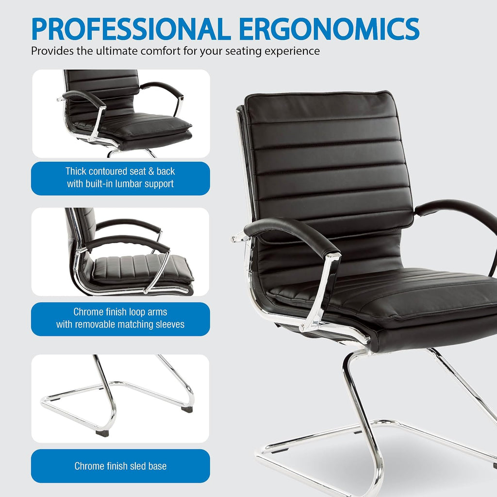 Office Star SPX Professional Ergonomic Ribbed Faux Leather Office Chair with Chrome Base, Mid Back Guest Chair with Loop Arms, Black