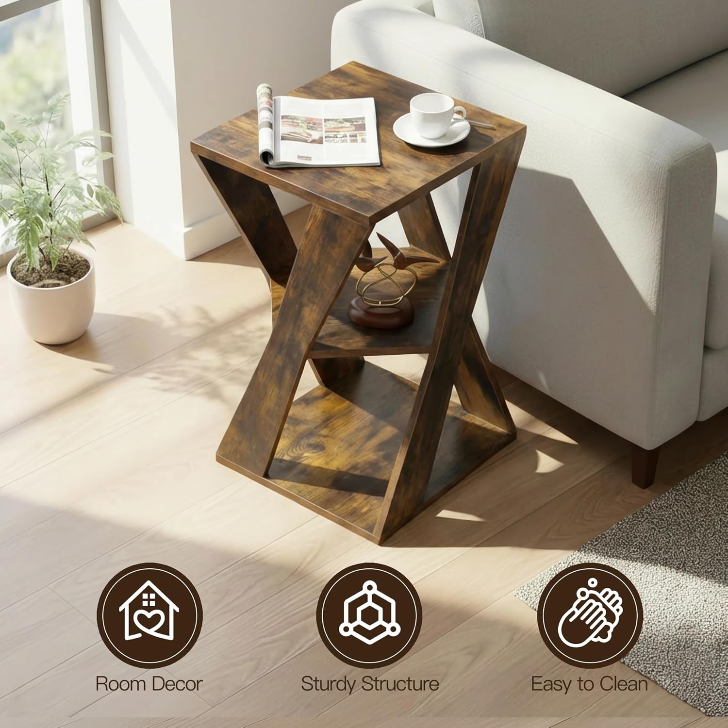 End Table Set of 2, Modern Wooden Side Table Nightstands for Small Spaces, Living Room, Office, Bathroom, 3-Tier Shelves, 15.75" D x 15.75" W x 25" H (Rustic Brown + Classic Black)