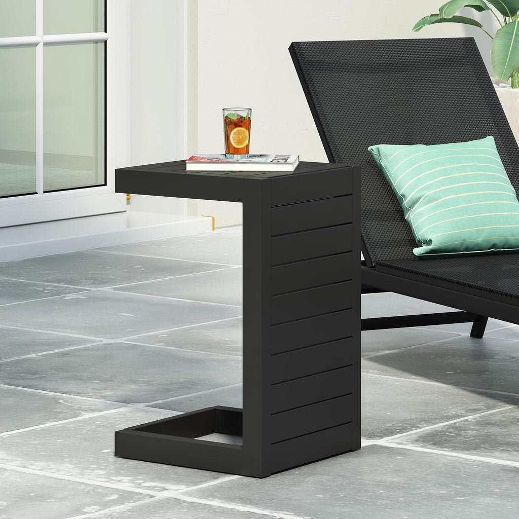 C-Shaped End Table for Patio Lounge Chair: Slide Under Armrest, Keep Drinks & Phone Within 10-inch Reach - 0° Effort While Relaxing on Your Chaise - Rust-Resistant Aluminum Frame, Matte Black