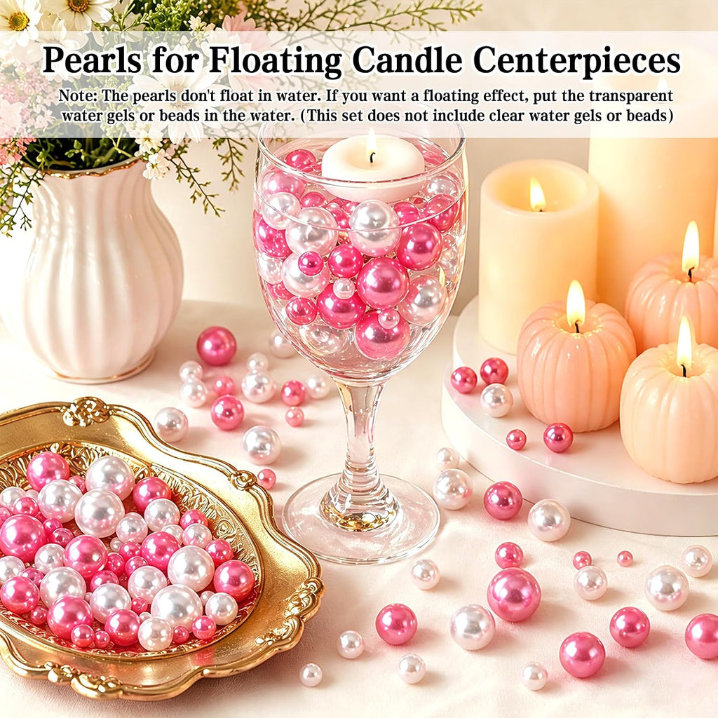 300PCS No Hole Pearls for Vase Filler Beads, 8/14/20 mm Floating Pearls for Centerpieces Vases, Pink White Faux Pearl Round Foating Beads for Crafts Wedding Party Decor DIY Candles Centerpiece