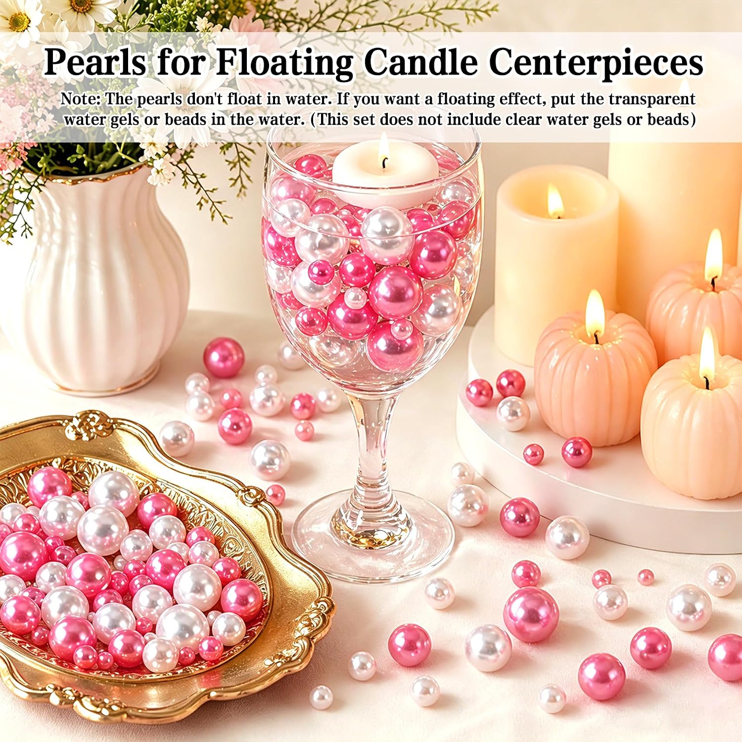 300PCS No Hole Pearls for Vase Filler Beads, 8/14/20 mm Floating Pearls for Centerpieces Vases, Pink White Faux Pearl Round Foating Beads for Crafts Wedding Party Decor DIY Candles Centerpiece
