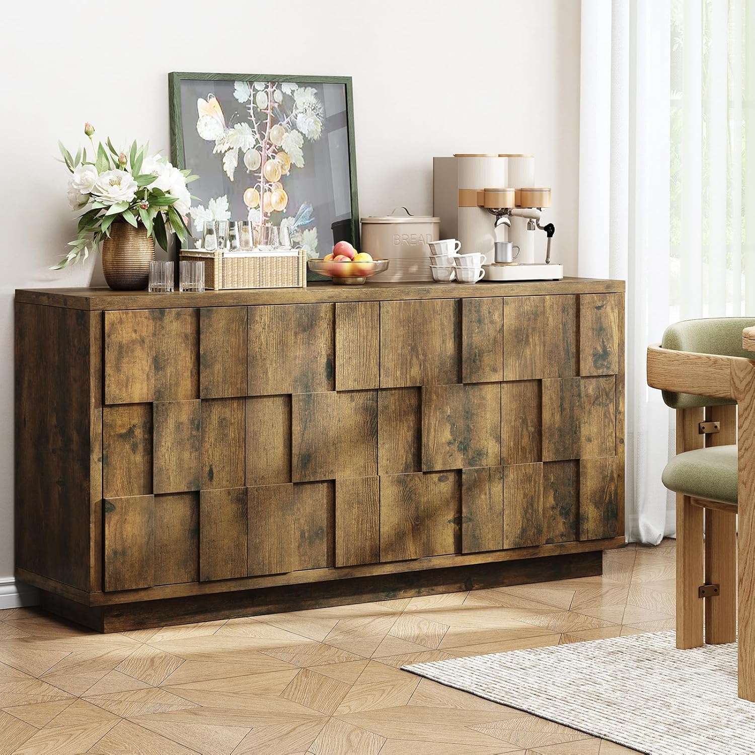 ONBRILL 60" Sideboard Buffet Cabinet with Storage, Irregular Panel Design Credenza Mid Century Farmhouse Coffee Bar Cabinet with 4 Doors & Adjustable Shelves for Living Room, Hallway (Rustic Brown)