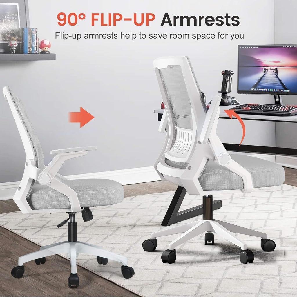 GTPLAYER Ergonomic Office Chair with Flip-up Armrests Executive Computer Chair for Home Office, Breathable Mesh & Comfy Lumbar Support, Moon Gray