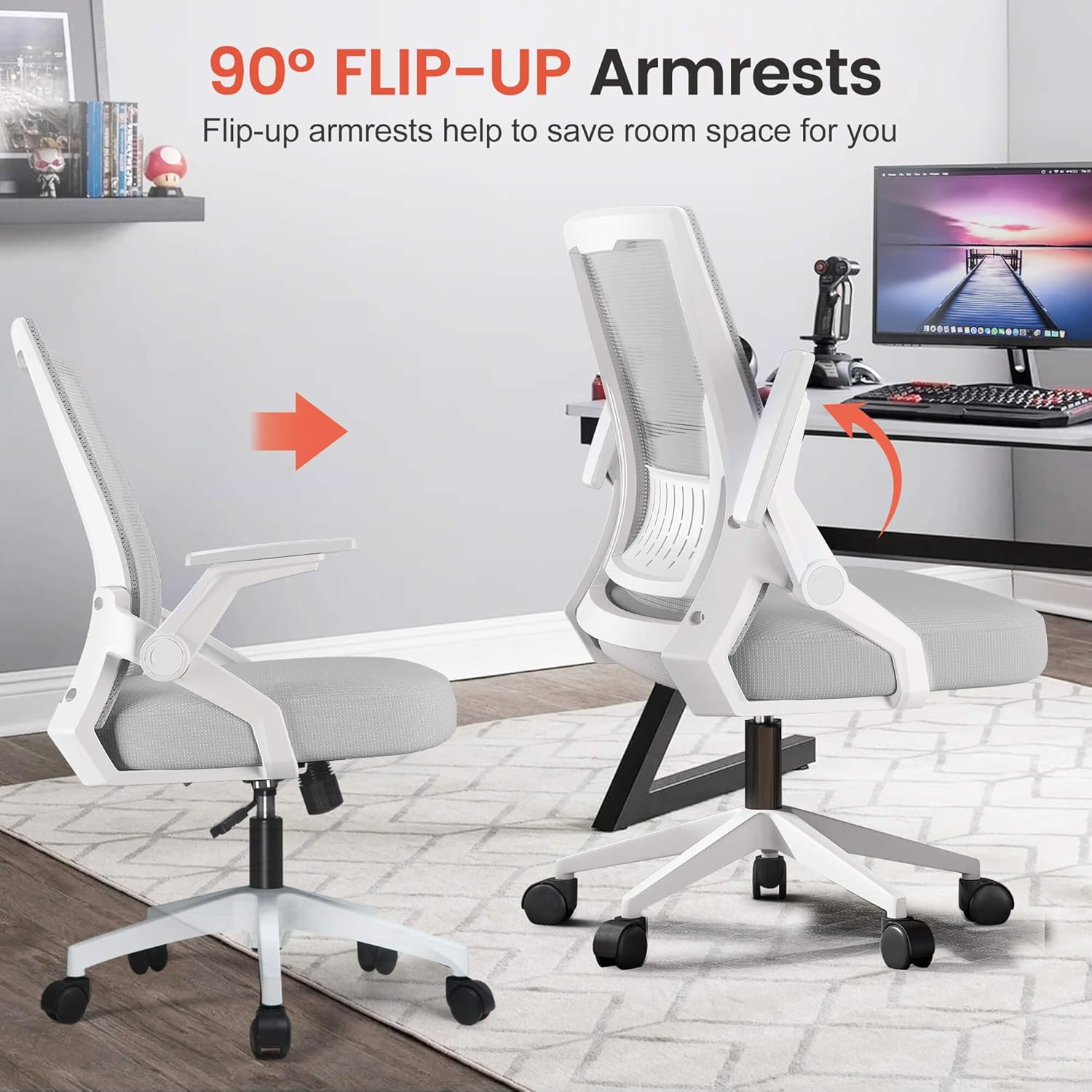 GTPLAYER Ergonomic Office Chair with Flip-up Armrests Executive Computer Chair for Home Office, Breathable Mesh & Comfy Lumbar Support, Moon Gray