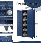 SteeLoong Kitchen Pantry Cabinet,75”Blue Metal Storage Cabinets with Doors and 4 Adjustable Shelves,Kitchen Cabinet with 2 Gold Handles,Tall Cabinet for Livingroom,Pantry, Bathroom