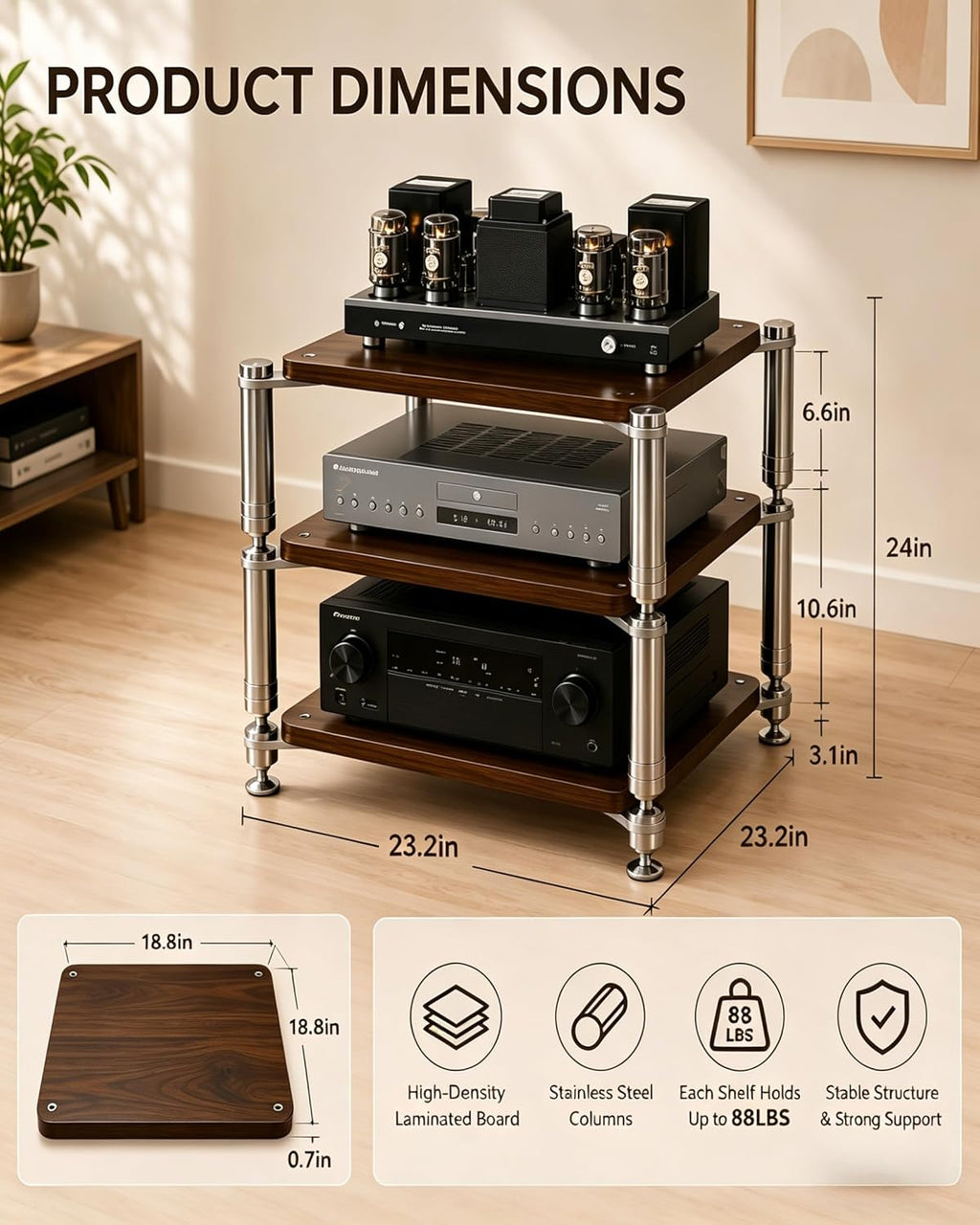 Heavy Duty AV Stand, Open Design’s Audio Racks with Shock-Absorbing Foot pegs, Strong Load-Bearing Capacity Audio Component Rack, for Offices and Recording Studios (Black Walnut, 3-Tier)