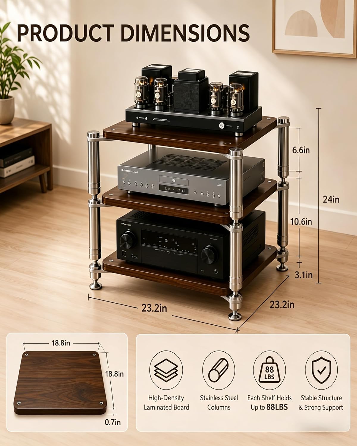Heavy Duty AV Stand, Open Design’s Audio Racks with Shock-Absorbing Foot pegs, Strong Load-Bearing Capacity Audio Component Rack, for Offices and Recording Studios (Black Walnut, 3-Tier)