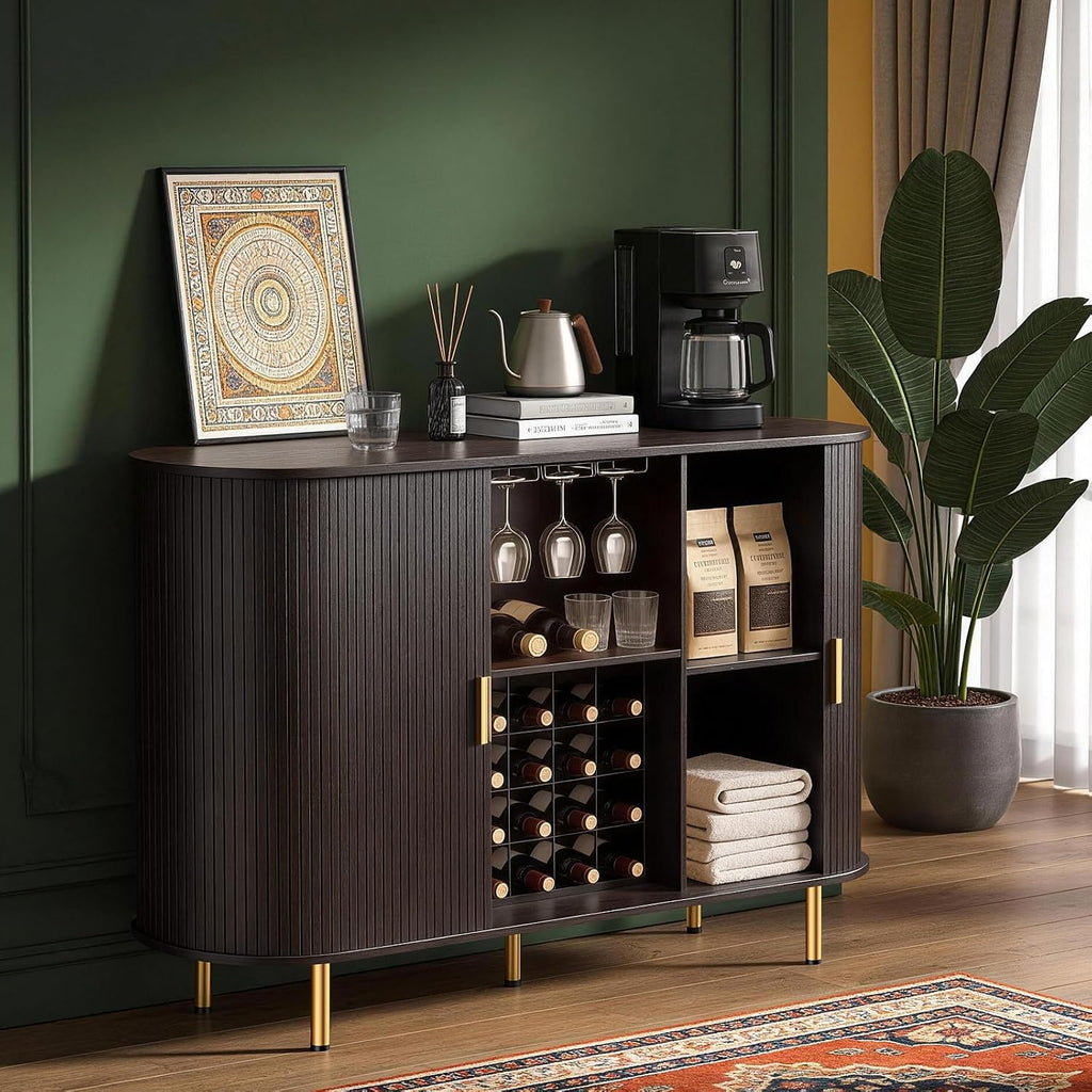 DHH 55" Wine Bar Cabinet with Storage, Fluted Liquor & Coffee Bar Cabinet with Wine Rack and Glass Holder, Buffet Sideboard with LED Lights for Home Kitchen Living Dining Room (Dark Walnut)