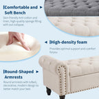 51in Bedroom Storage Bench for End of Bed, Upholstered Ottoman Bench with Button Tufted Design and Rolled Arms, Anti Cotton and Linen Entryway Bench with Safety Hinge for Living Room, Closet, Beige