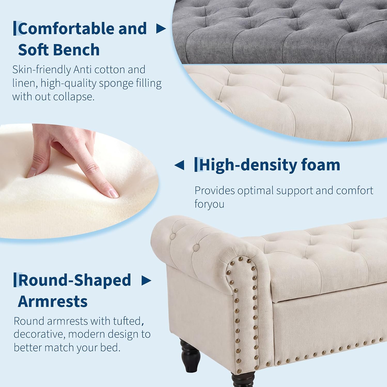 51in Bedroom Storage Bench for End of Bed, Upholstered Ottoman Bench with Button Tufted Design and Rolled Arms, Anti Cotton and Linen Entryway Bench with Safety Hinge for Living Room, Closet, Beige