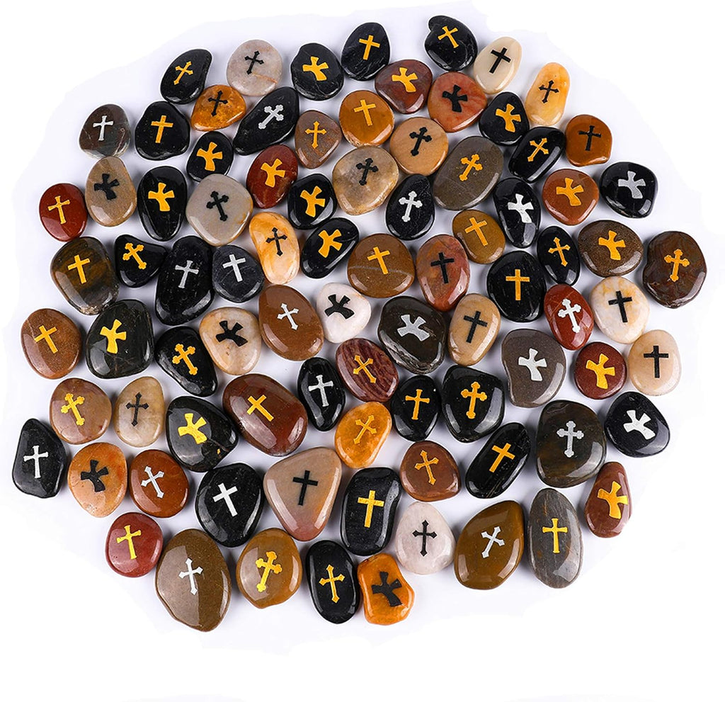 ROCKIMPACT 100PCS Cross Engraved Rocks Inspirational Stones Clinging Cross Heavenly Blessings Gifts Faith Stones Novelty Gratitude Rocks Healing Prayer Stones Encouragement Rocks Wholesale, 2"-3" ea