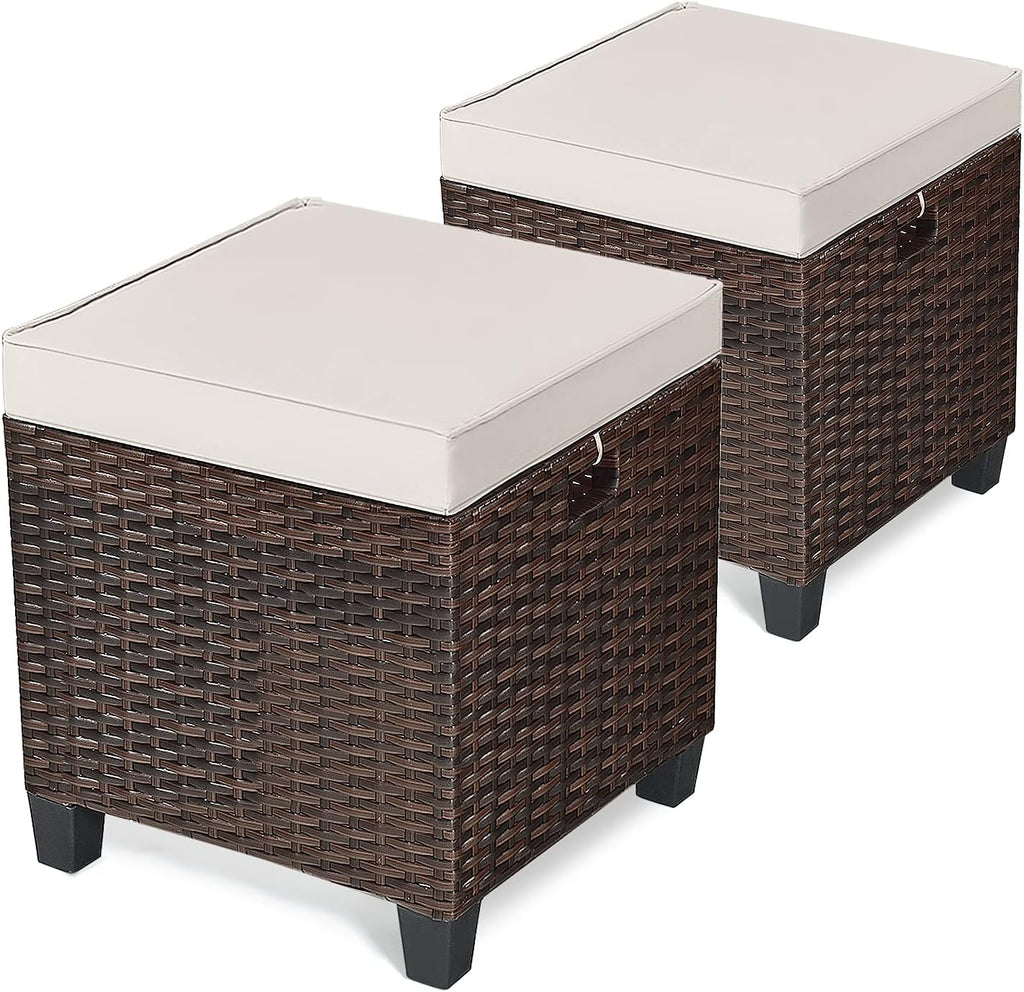 ORALNER Set of 2 Outdoor Ottoman, 16" Wicker Footstools, All-Weather Rattan Cube Foot Stool w/Removable Cushions, Square Footrest Extra Seating for Patio, Porch, Deck, Easy Assembly (Light Brown)