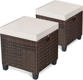 ORALNER Set of 2 Outdoor Ottoman, 16" Wicker Footstools, All-Weather Rattan Cube Foot Stool w/Removable Cushions, Square Footrest Extra Seating for Patio, Porch, Deck, Easy Assembly (Light Brown)
