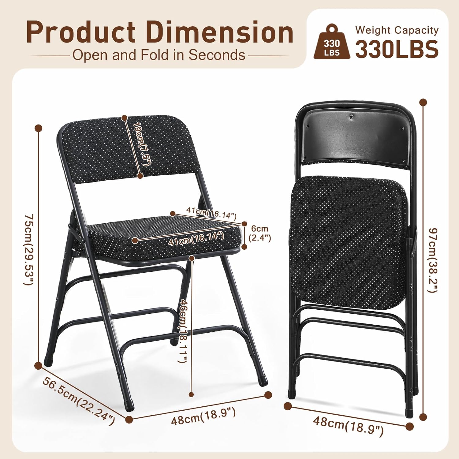 BOOSDEN 2 Pack Padded Folding Chairs with Thick Seat Cushion, Fabric Folding Chair, Portable Upholstered Dining Chairs, Metal Frame Foldable Chair for Indoor & Outdoor Kitchen Office Party, Black