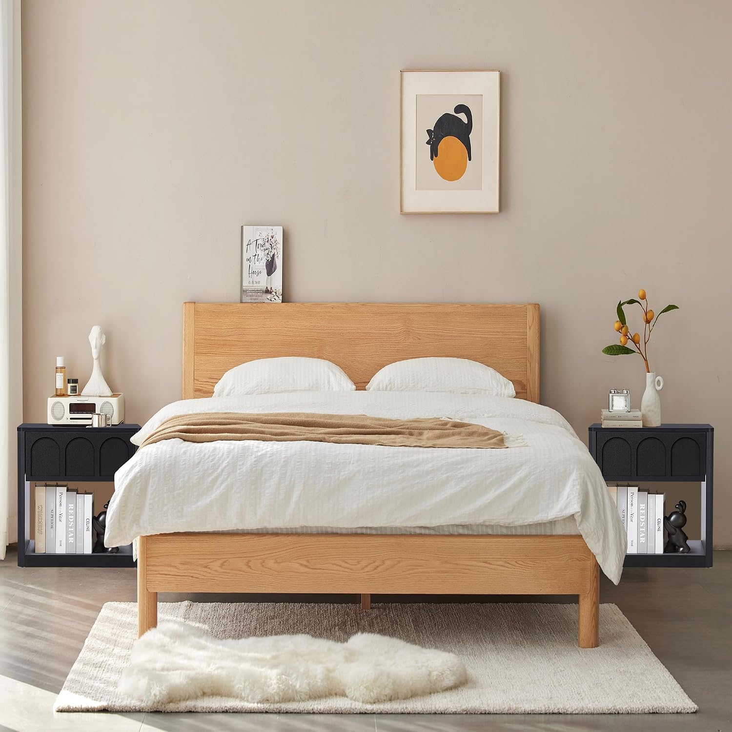 Wood Nightstand, 19.69" Wide Bedside Table with Arched Finish, Modern Night Stands with Curved Profile, Mid Century End Table for Bedroom Living Room (Black)