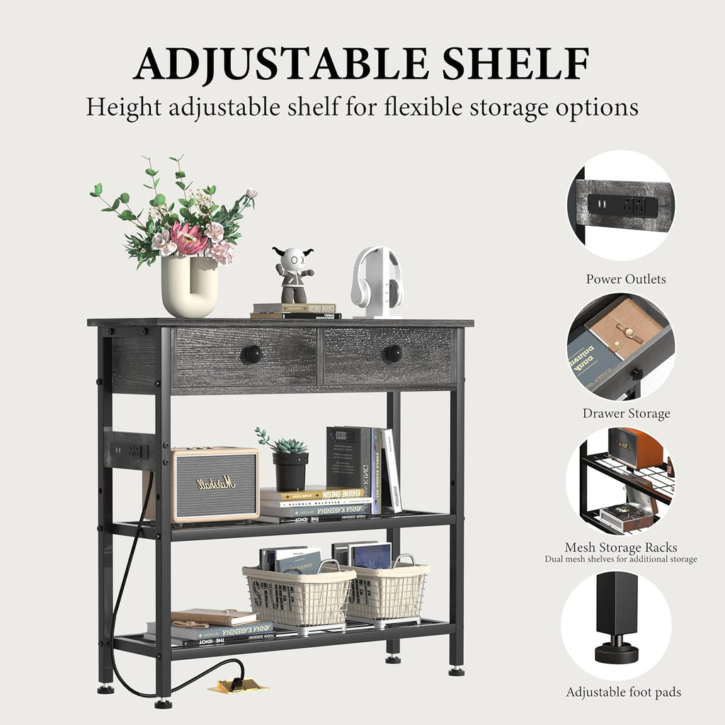 32" Narrow Console/Entryway Table with Storage & 2 Drawers & Outlets, for Sofa & Living Room, Hallway/Foyer/Couch/TV/ Aquarium Stand Table for Entryway with USB Ports, LED Light Strip,Perfect for Home