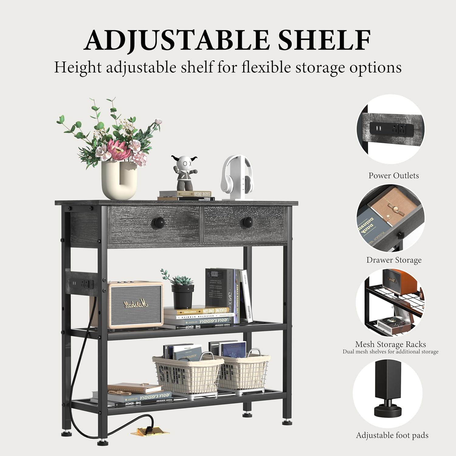 32" Narrow Console/Entryway Table with Storage & 2 Drawers & Outlets, for Sofa & Living Room, Hallway/Foyer/Couch/TV/ Aquarium Stand Table for Entryway with USB Ports, LED Light Strip,Perfect for Home