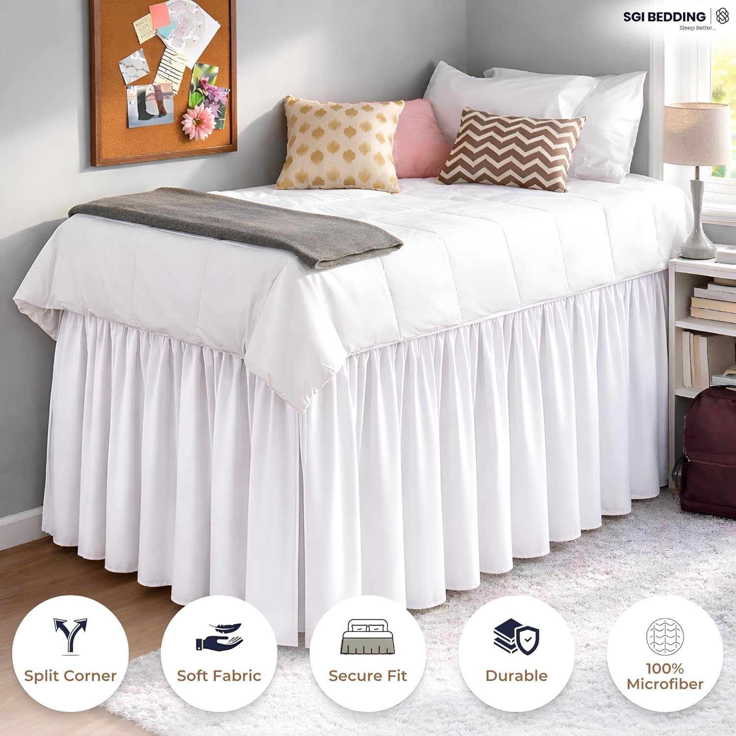 SGI bedding Dorm Bed Skirt Twin XL 32 Inch Drop Length - White, Ruffled Pattern College Dorm Room Bed Skirts - Split Corner, Easy Care, Wrinkle Free 1800 Series Microfiber Bed Skirt