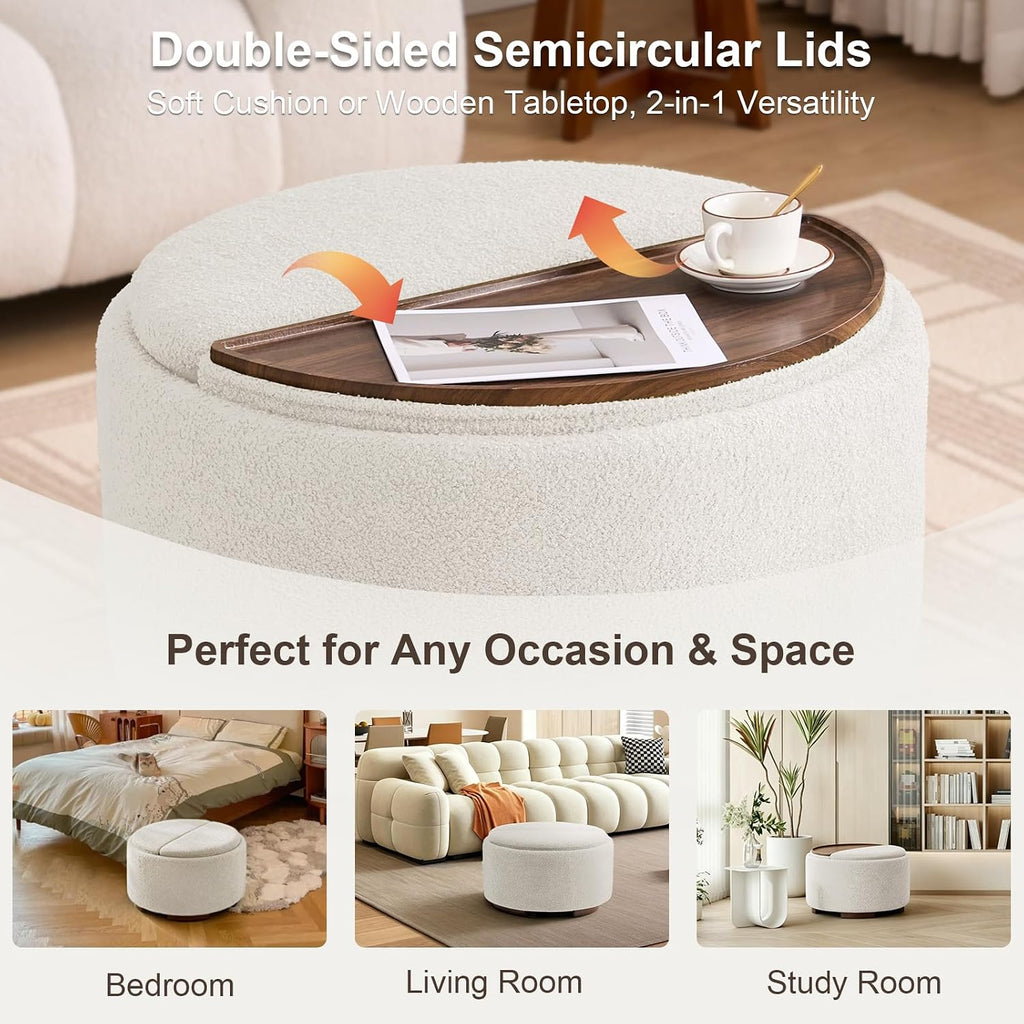 29.5 Inch Round Storage Ottoman Coffee Table, Modern Teddy Ottoman with Storage with Dual Reversible Lids and Solid Wood Legs, Upholstered Circle Coffee Table for Living Room, Bedroom, Beige