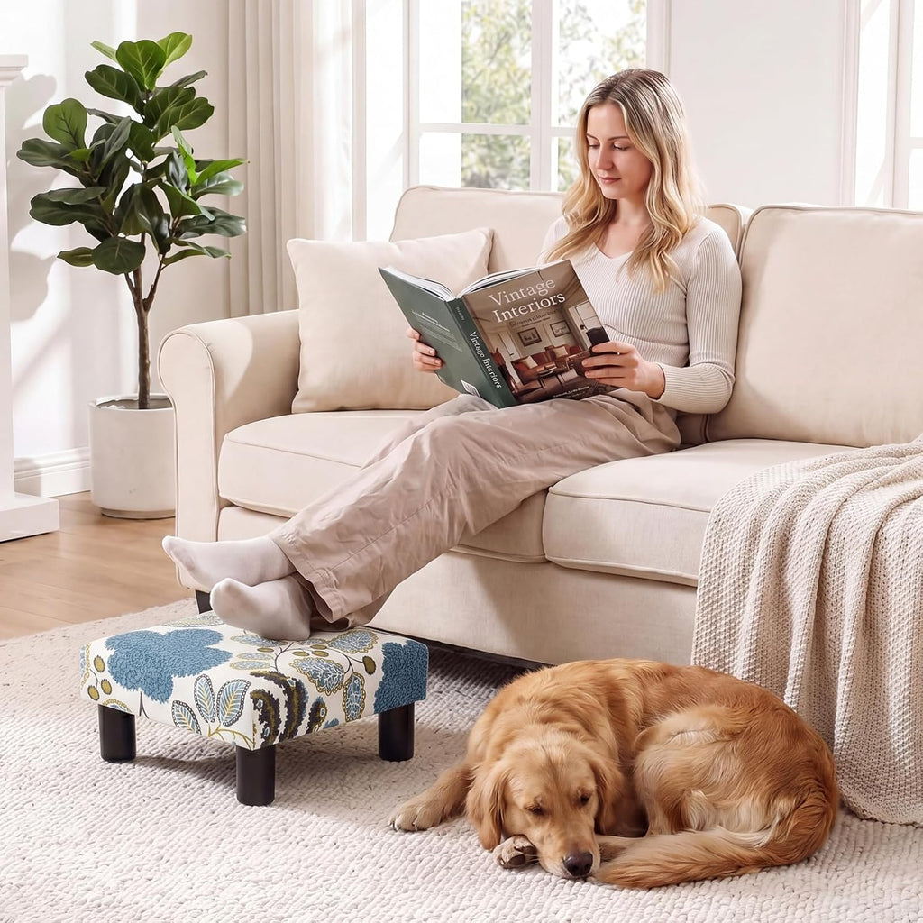 Joveco Small Foot Rest Stool Ottoman, Square Upholstered Fabric Footstool for Couch, Under Desk, Office, Living Room, Blue Floral