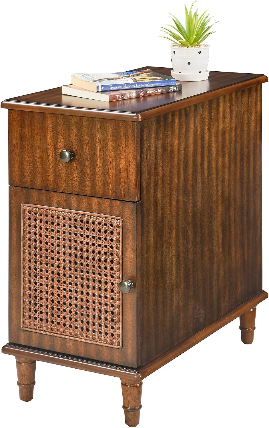 Solid Wood Rattan Narrow End Table, Narrow Nightstand with Drawer and Storage Tier Vintage Walnut Rattan Side Table Compact Bedside Table for Corner Small Space Bedroom, 22" Dx11.8 Wx22.8 H