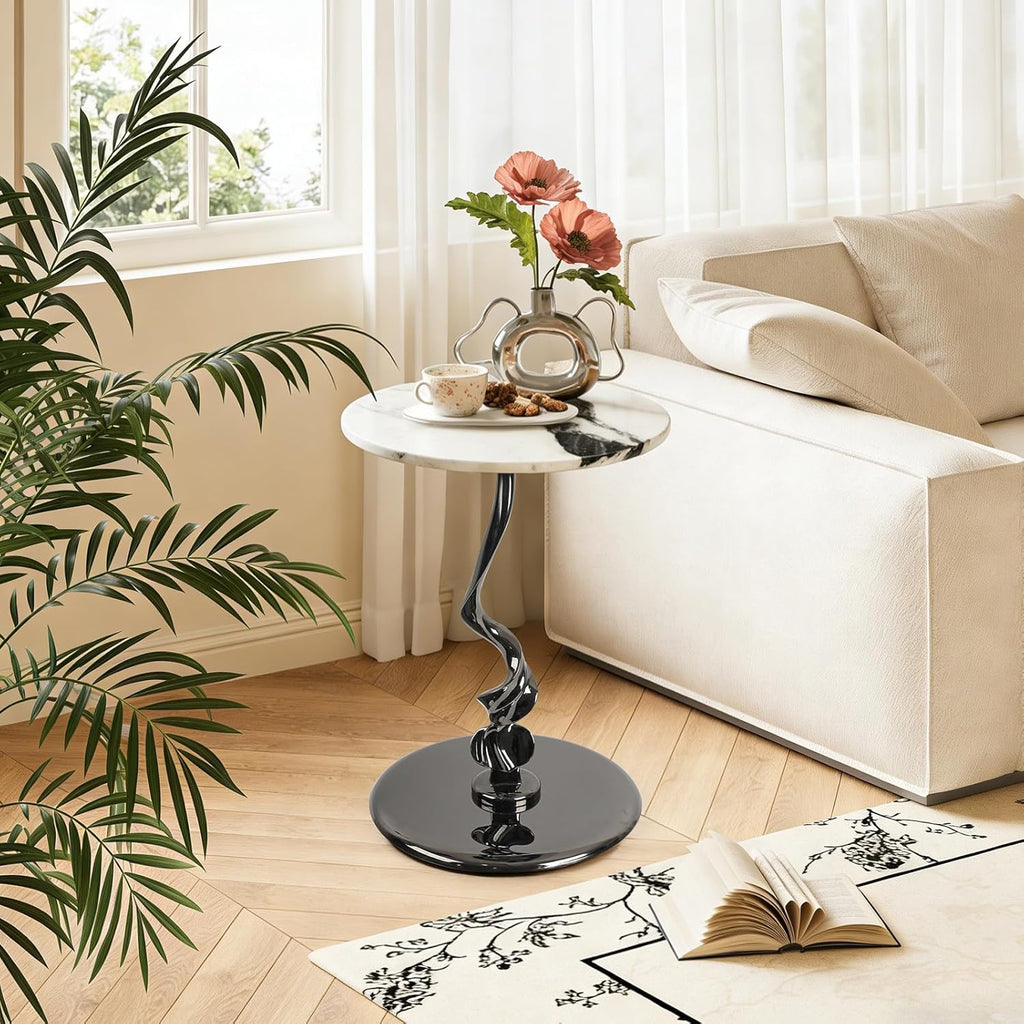Lovedeco Elvon Calacatta Marble Side Table, 16” Round Marble Top with Metal Base End Table Polished for Sofa, Living Room, Bedroom