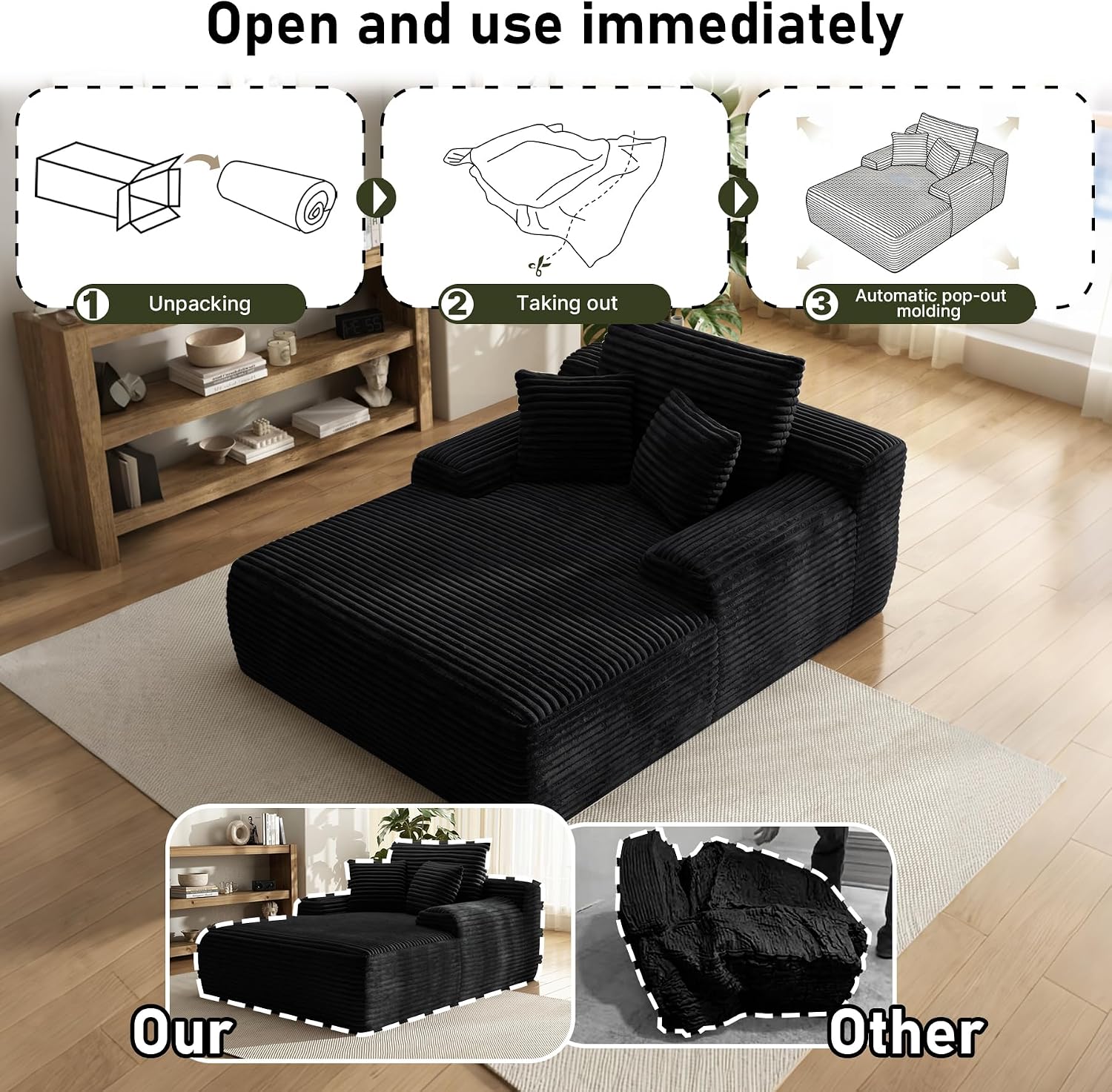 65'' Chaise Lounge Chair Indoor, Black Corduroy Sofa Bed, Boneless Lounge Chair, Oversized Sleeper Sofa, Black Corduroy Cloud Couch Reading Chair for Living Room No Assembly