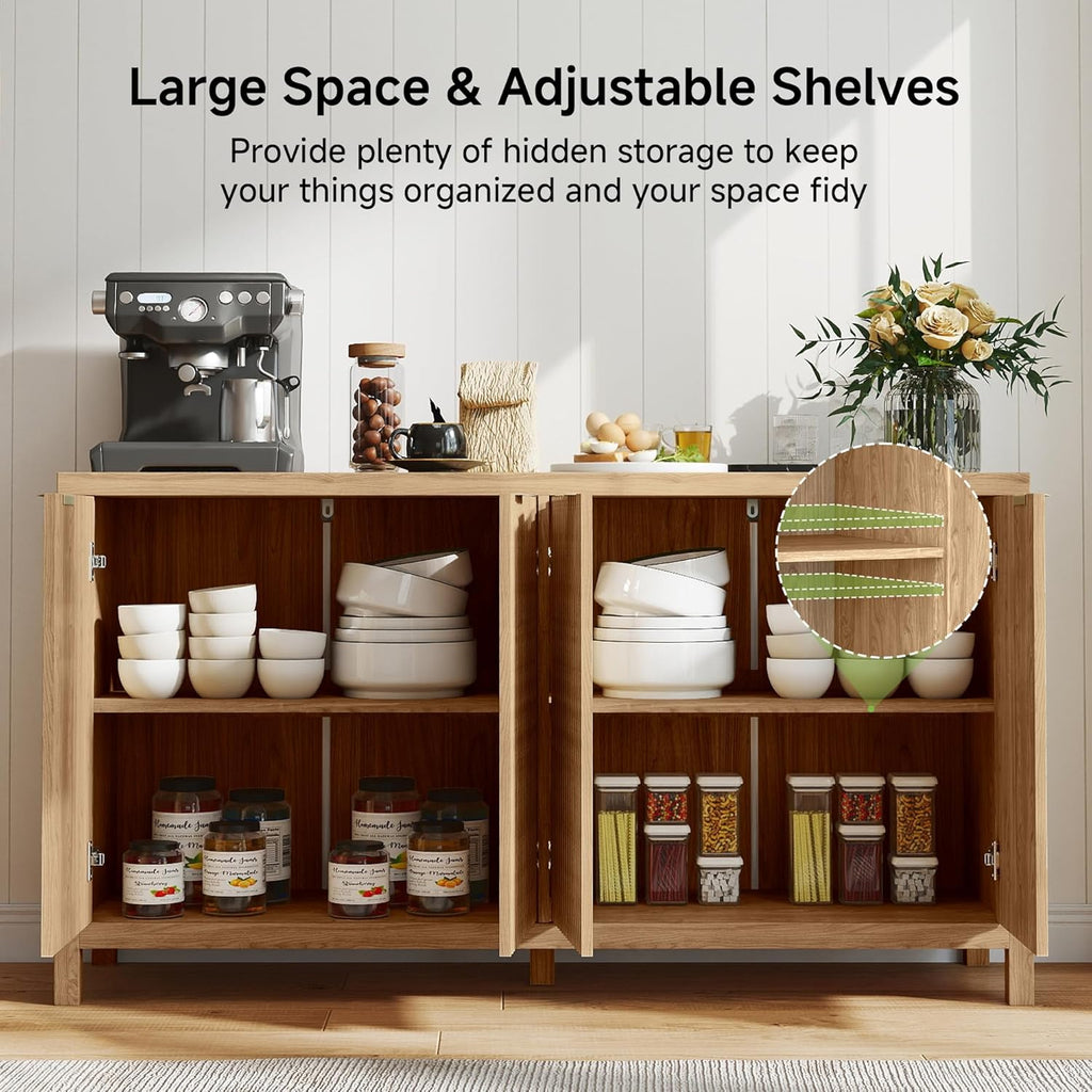 Real Relax Fluted Sideboard Buffet Cabinet with Storage, 55" Modern Sideboard Credenza Cabinet with 4 Doors, Coffee Bar Buffet Table for Dining Room, Kitchen, and Living Room, 55"x15.4"x32.8", Oak