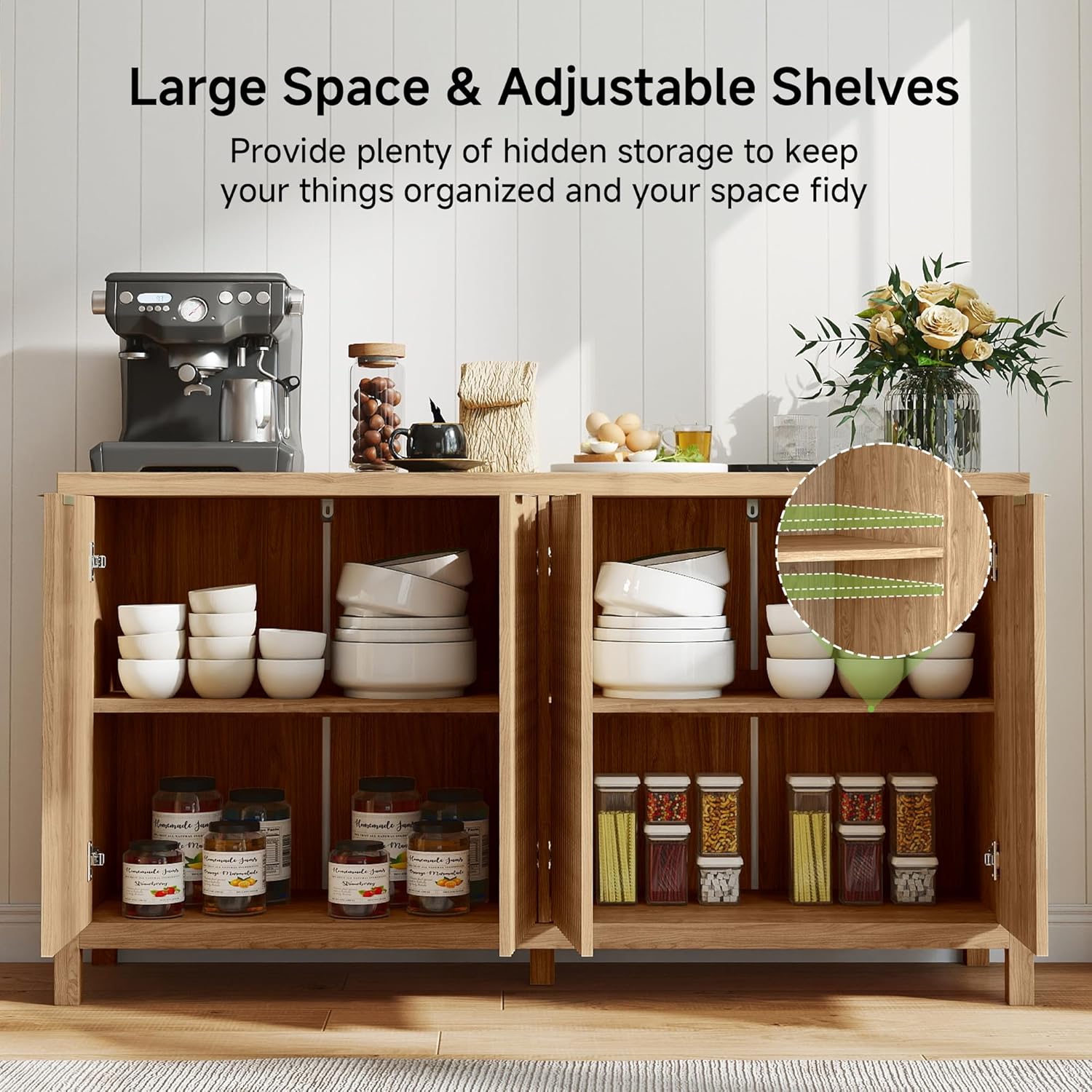 Real Relax Fluted Sideboard Buffet Cabinet with Storage, 55" Modern Sideboard Credenza Cabinet with 4 Doors, Coffee Bar Buffet Table for Dining Room, Kitchen, and Living Room, 55"x15.4"x32.8", Oak