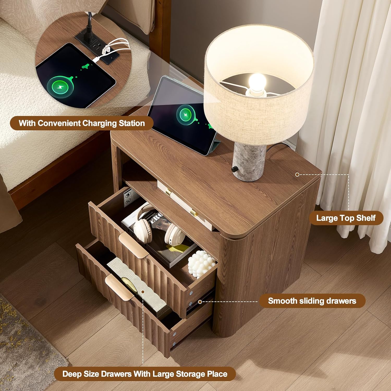 Night Stands Set of 2,Fluted Nightstands with Charging Station- Modern 2 Drawers Nightstand 23.8" Tall Bedside Table End Table, Large Night Stand for Bedroom, Sofa Side Table,Brown