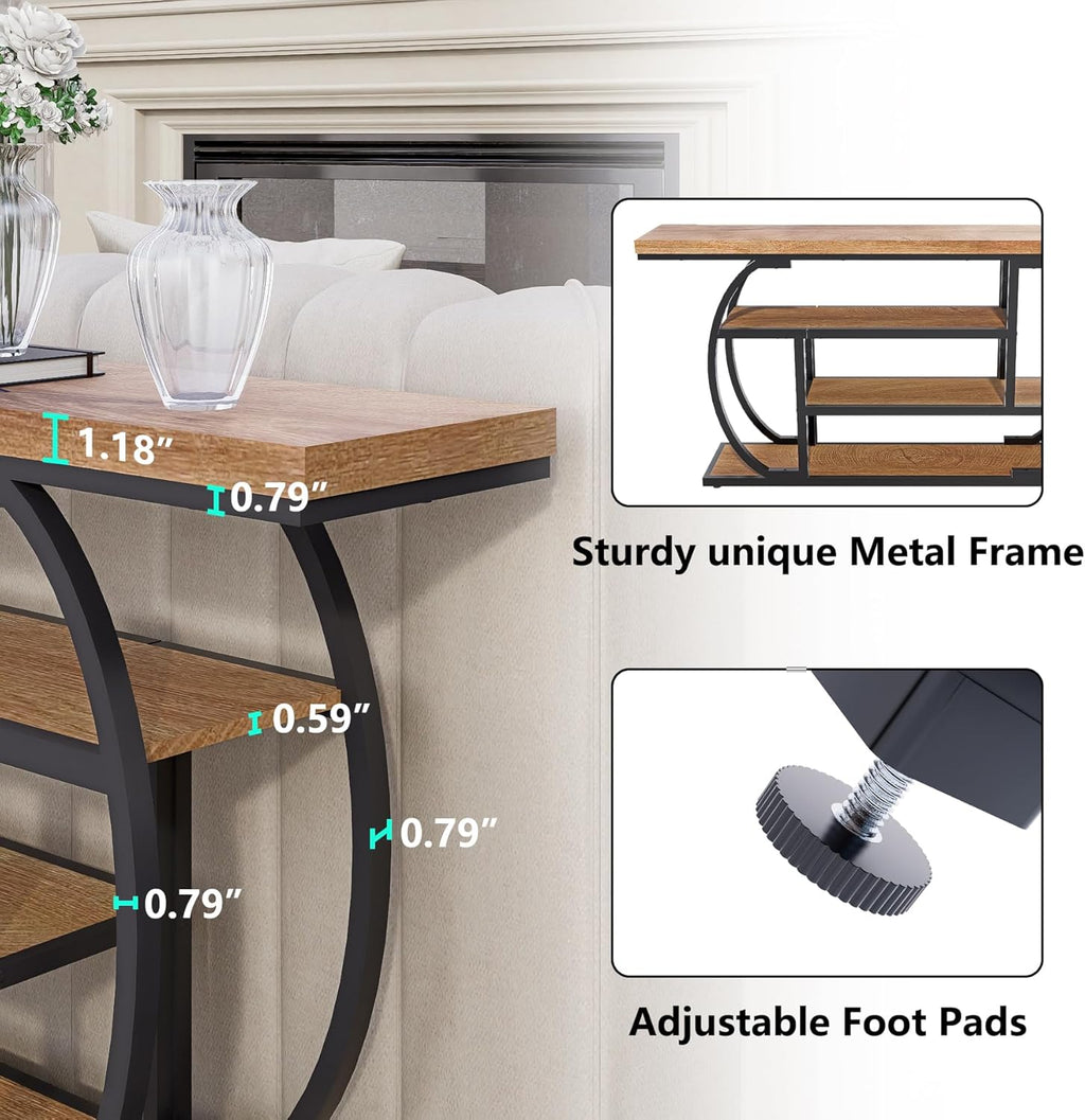 63” Industrial Console Table with 4-Tier Display Shelves, Narrow Long Sofa Table Behind Couch, Entryway/Hallway/Foyer Accent Table with Metal Frame for Living Room (Natrual Wood)