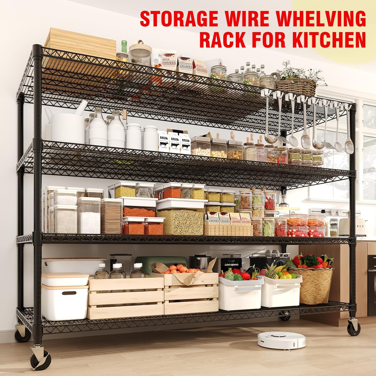 4-Tiers Storage Shelves 73" H Heavy Duty Metal Shelving with Wheels, 2640LBS Load Wire Shelving Rack Garage Shelves for Pantry Kitchen Industrial Warehouse Office, 59" W x 23.9" D