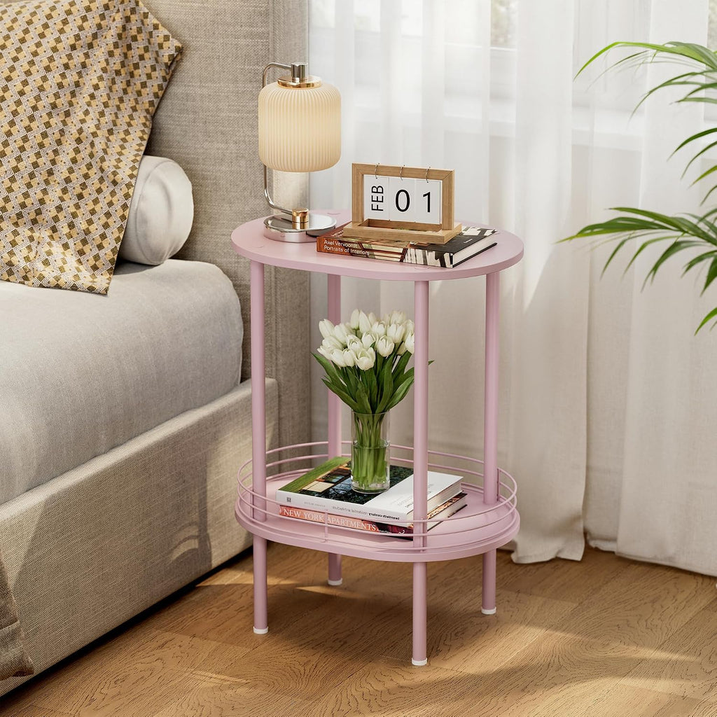 Small Oval Side Table with Storage, 2-Tier Pink End Table for Small Space | Simple Nightstand with Metal Frame, Modern Round Bedside Table for Living Room, Bedroom, Bathroom, Nursery（1 PC, Pink）