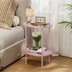 Small Oval Side Table with Storage, 2-Tier Pink End Table for Small Space | Simple Nightstand with Metal Frame, Modern Round Bedside Table for Living Room, Bedroom, Bathroom, Nursery（1 PC, Pink）