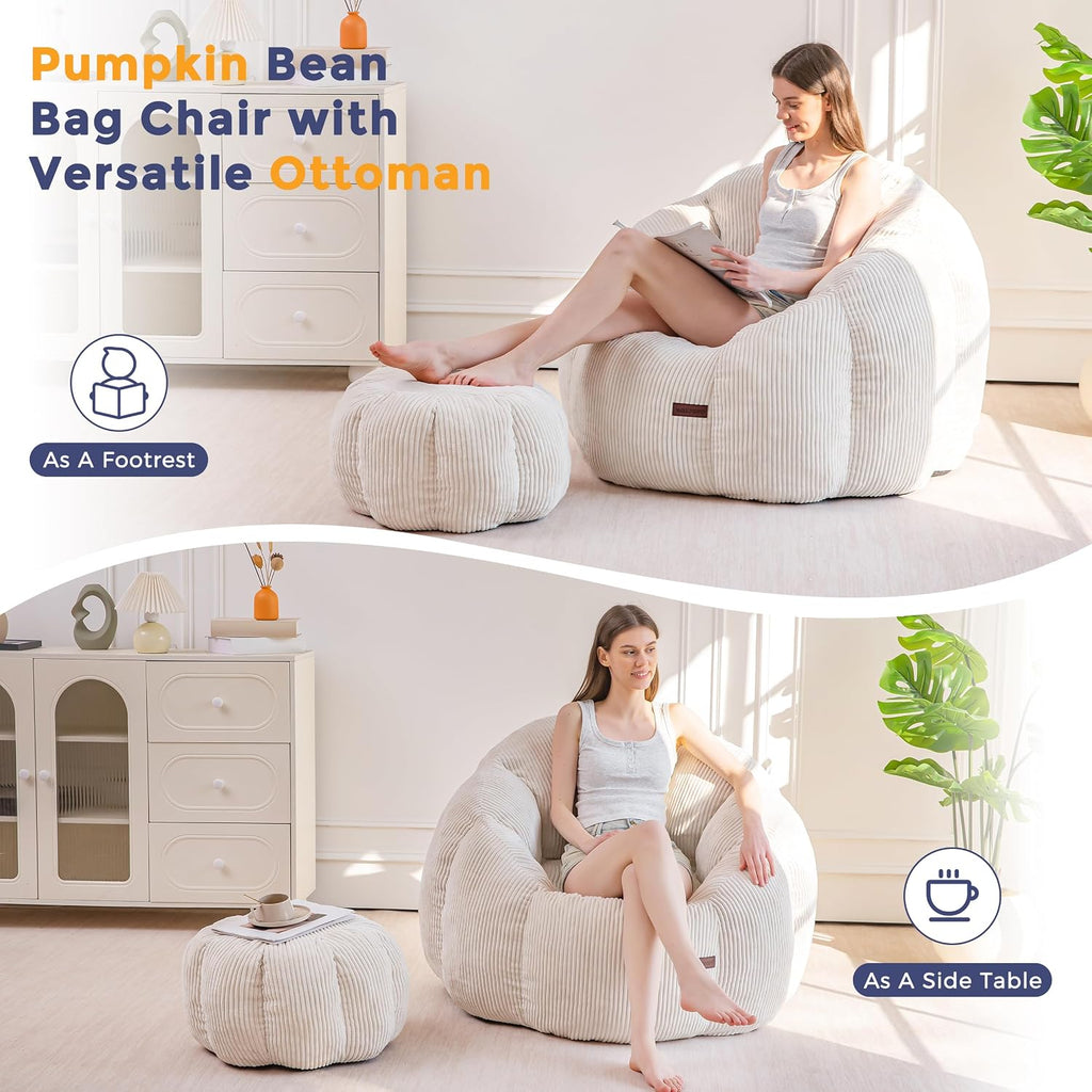 MAXYOYO Bean Bag Chair with Ottoman, Giant Pumpkin Lounge Chair for Adults | Oversized Bean Bag Chair with Footstool, Comfy and Lazy Lounge Boneless Chair for Dorm, Living Room, Bedroom, Beige