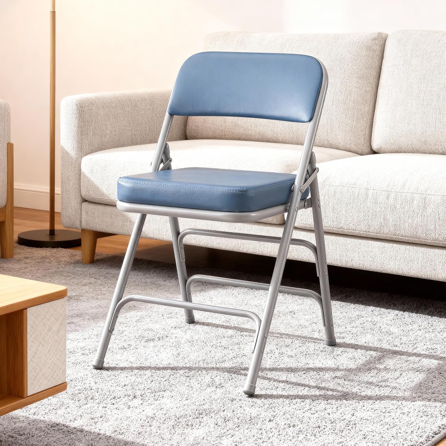 Padded Folding Chair, with Thick Cushioned Seat, Portable Metal Frame Foldable Chair for Indoor & Outdoor Use, Durable and Comfortable Upholstered Chair for Home, Office, and Events - Blue
