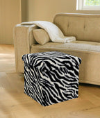 Luxe L 100% Faux Fur Go-Poufs Knock-Down Medium Cube Storage Ottoman, 15"x15"x15", Zebra Black/White, Sleek Seating, Footrest Organizer For Living Room Bedroom Nursery, Easy Setup Modern Compact Piece